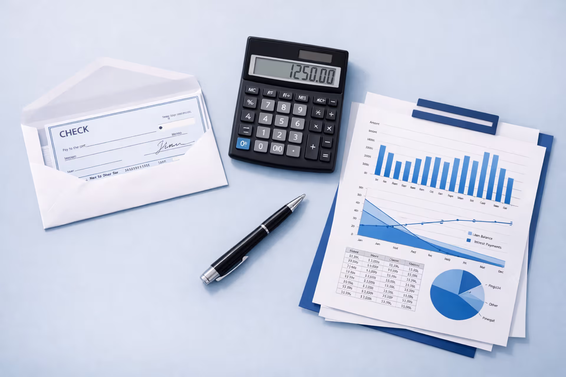 Top-down view of a desk with an open envelope containing a payment check, calculator, pen, payment schedule documents and a calendar, clean blue-white color scheme