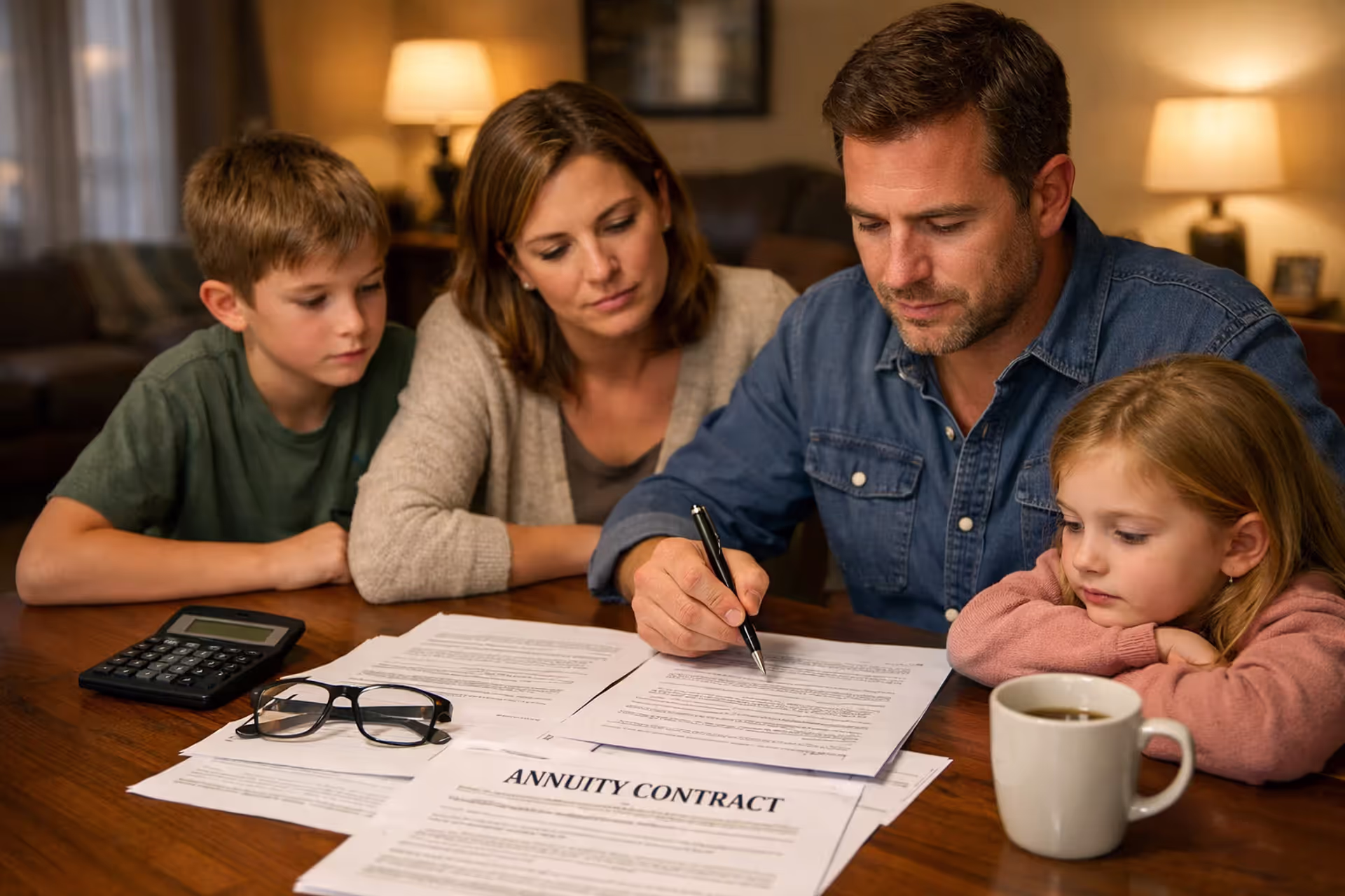 Family reviewing structured settlement annuity contract documents at home dining table with calculator and legal paperwork