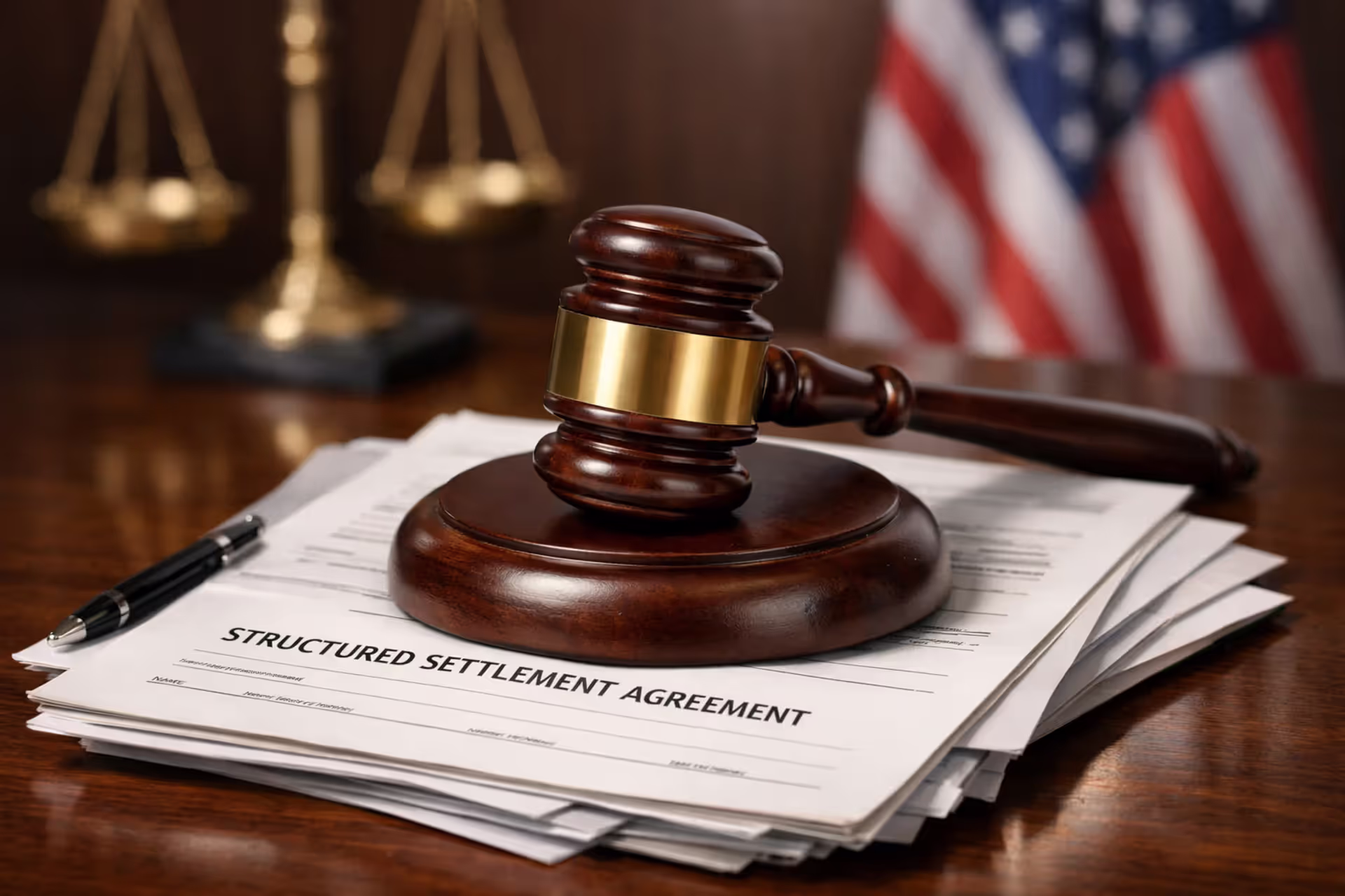 Judges gavel on structured settlement legal documents in a courtroom setting