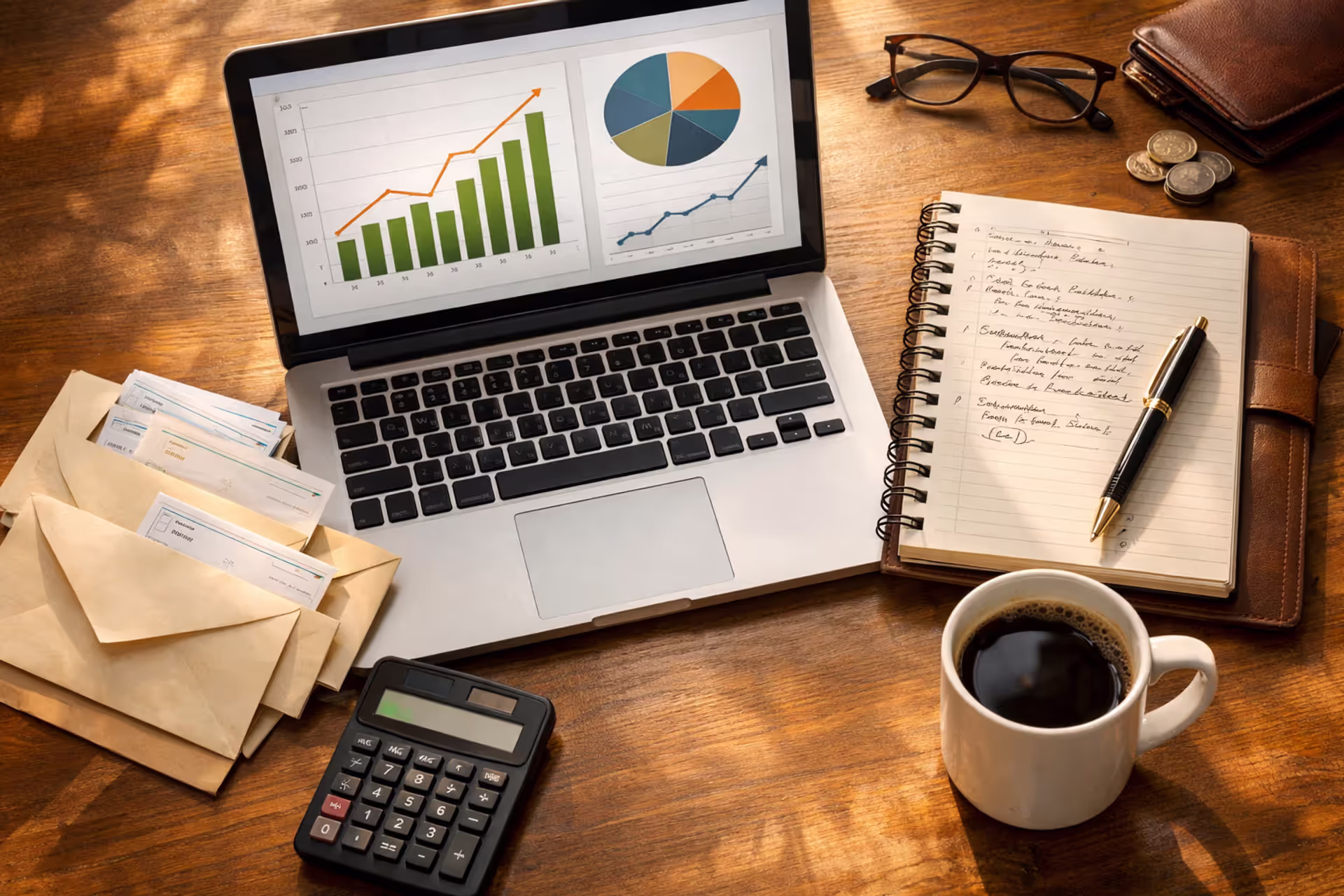 Top-down view of a financial planner desk with laptop showing portfolio growth charts, payment envelopes, calculator, notebook, and coffee cup in warm daylight