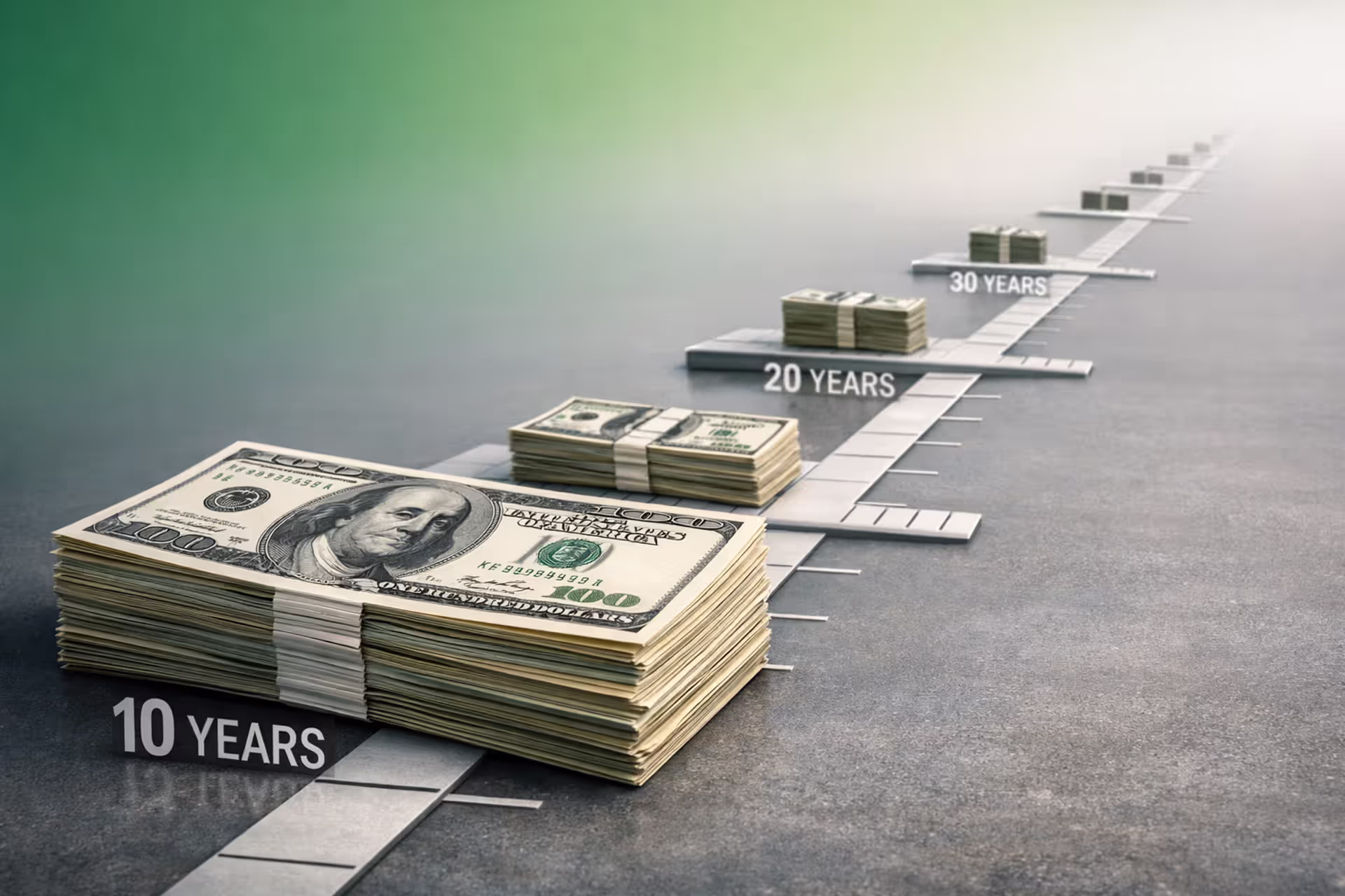 Dollar bills decreasing in size along a timeline stretching from 10 to 40 years, symbolizing the erosion of purchasing power in a structured settlement over decades