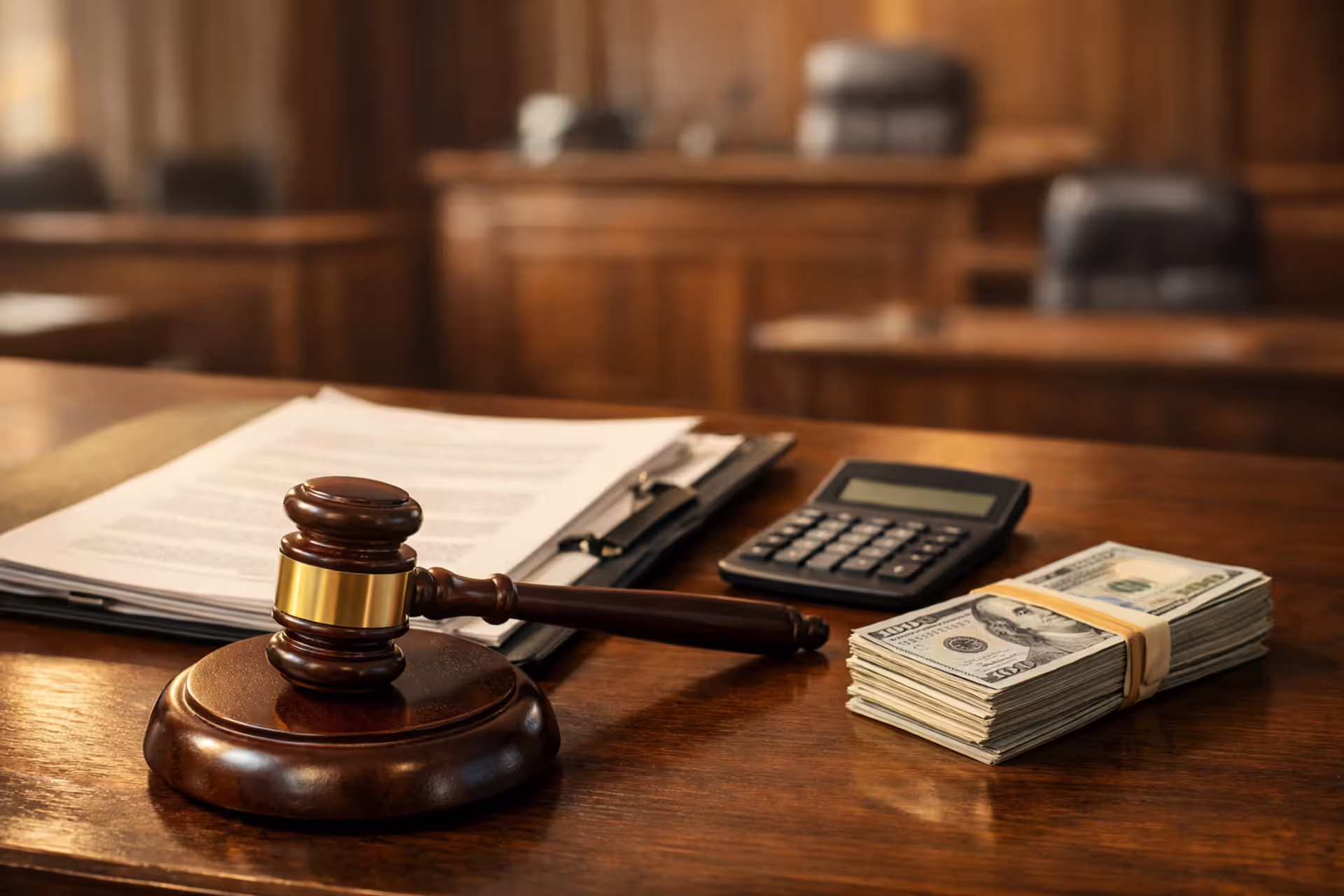 Judges gavel on desk next to legal documents folder calculator and cash representing structured settlement court approval process