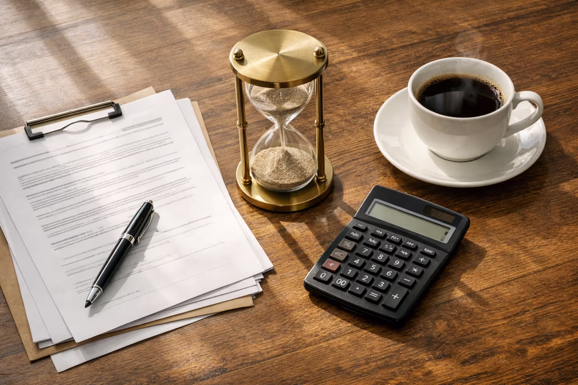 Desk with legal documents, hourglass, calculator, and coffee cup representing structured settlement buyout waiting period