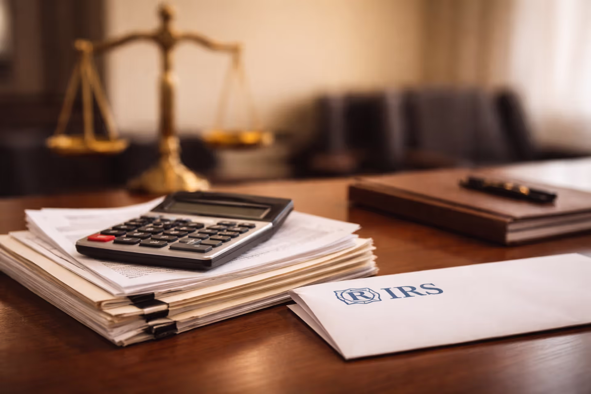 Legal documents, calculator, and IRS envelope on a wooden desk with scales of justice in the background, representing structured settlement tax analysis